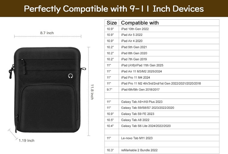 Dadanism 9-11 Inch Tablet Sleeve Bag with Shoulder Strap for iPad 10th Gen 10.9" Air 5/4, iPad (A16) 11", i-Pad 9/8/7th Gen 10.2", i-Pad Air/Pro 11", Galaxy Tab A9+ Plus 11", reMarkable 2 10.3",Black - Image 2